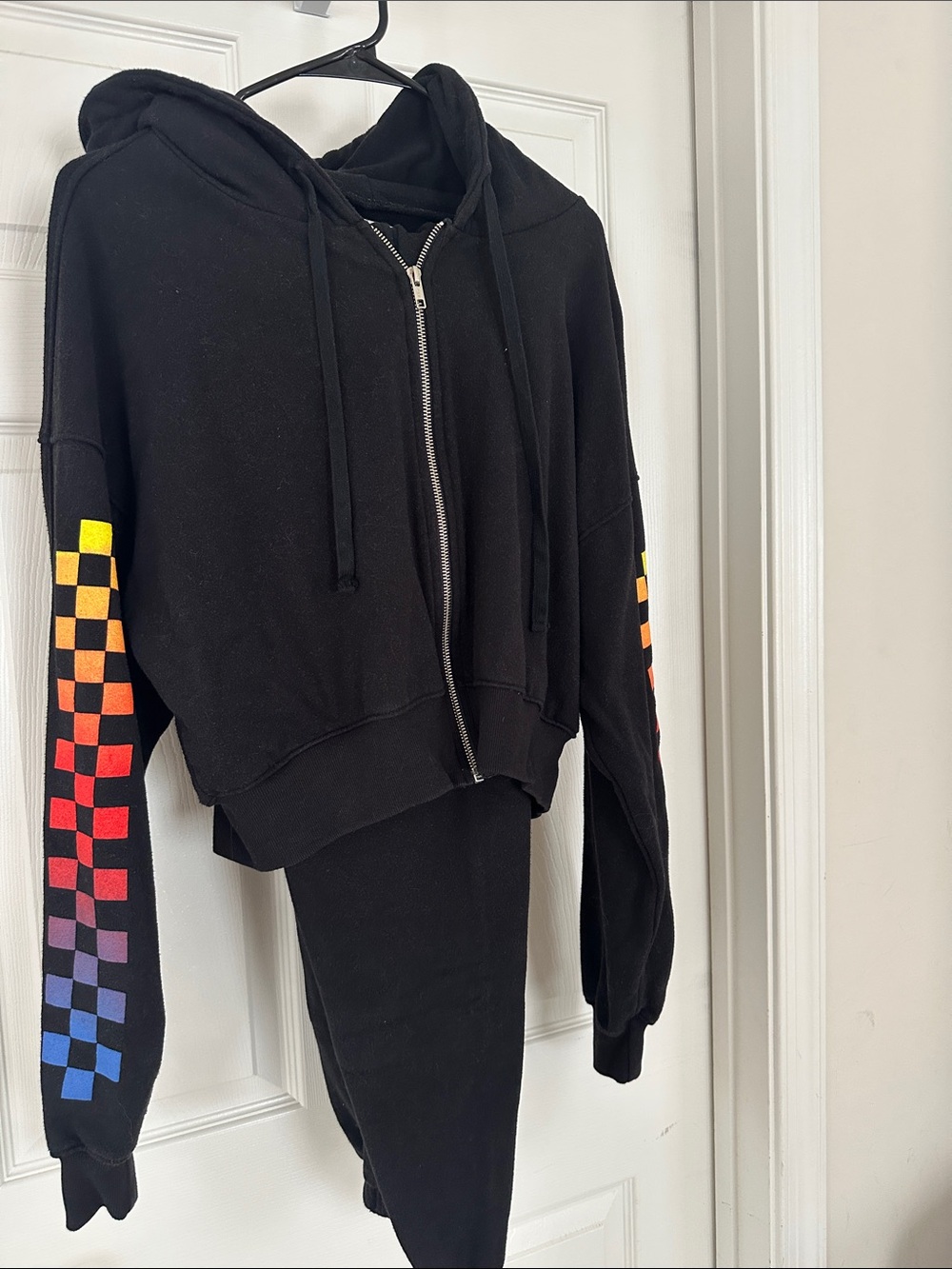 soulcycle Black Zip Hoodie Track Set with Rainbow Checker Sleeves